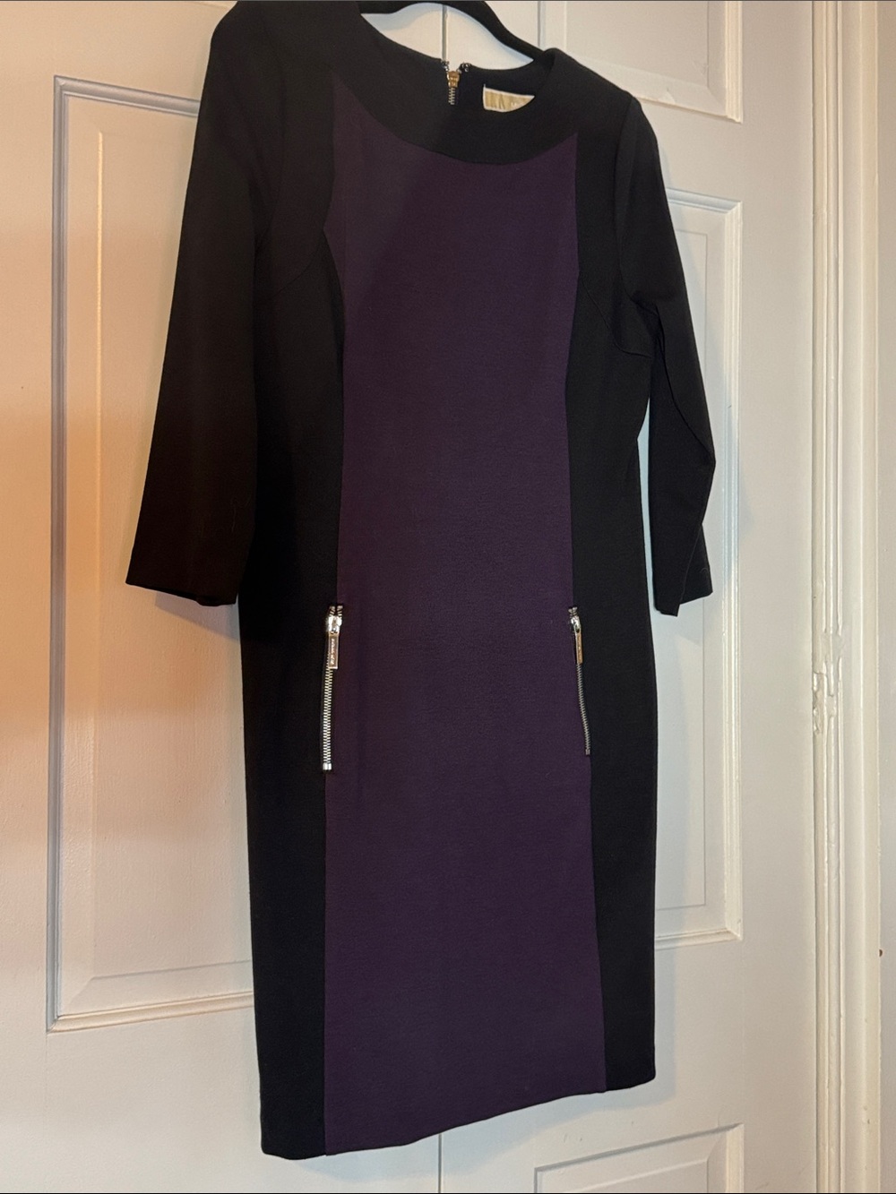 NWOT Michael Kors Black/Purple 3/4 Sleeve Colorblock Sheath Dress with Zippers
